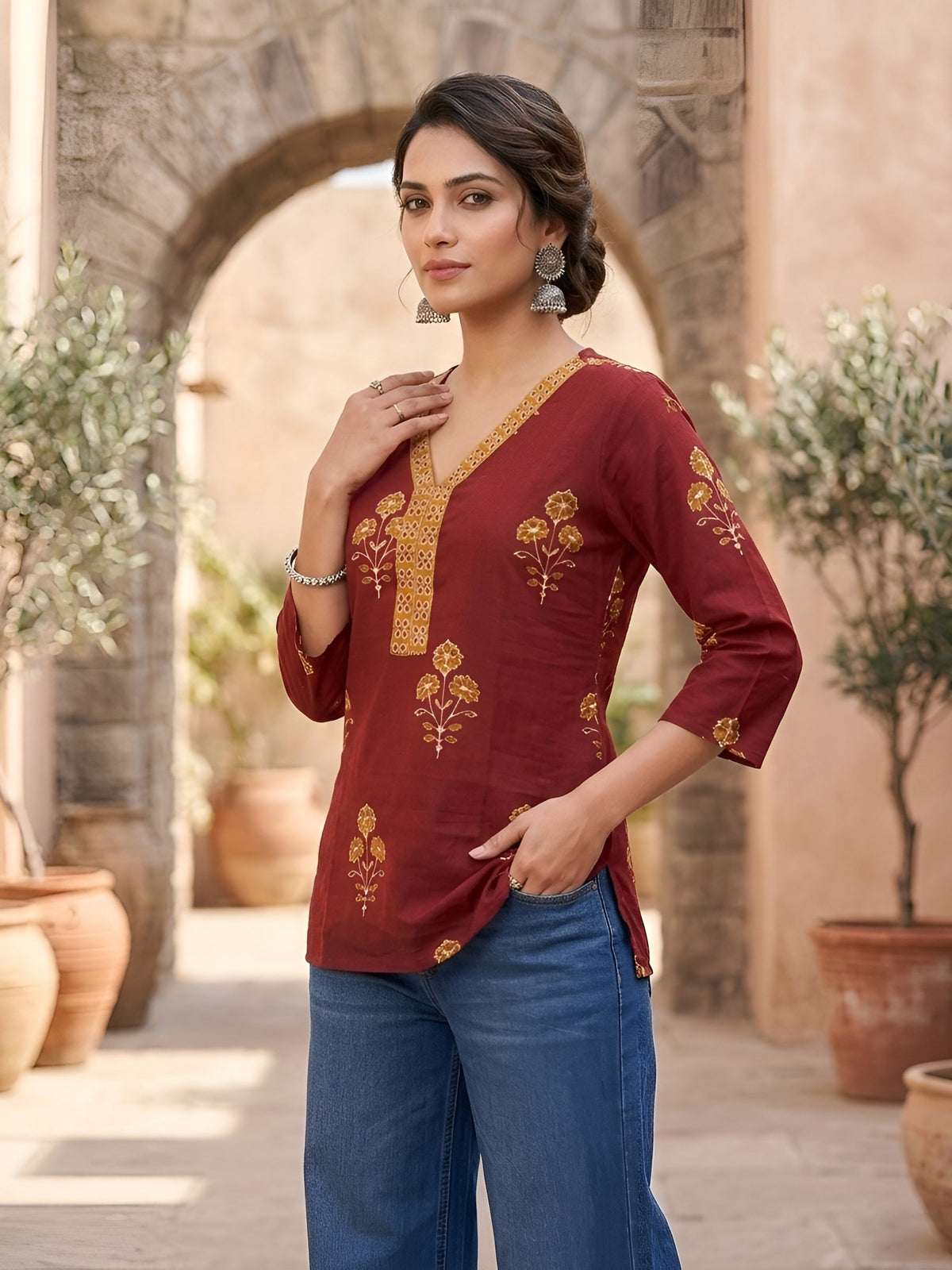 Women Maroon Printed Straight Tunic