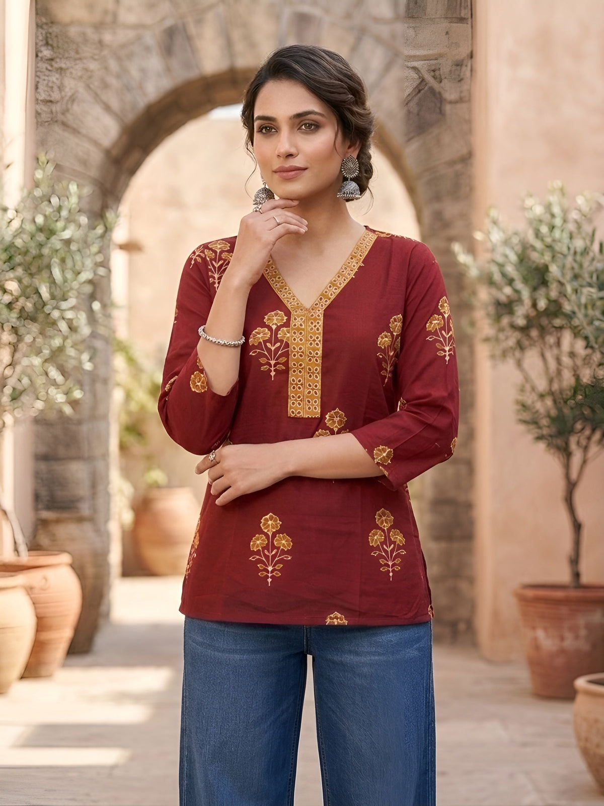 Women Maroon Printed Straight Tunic