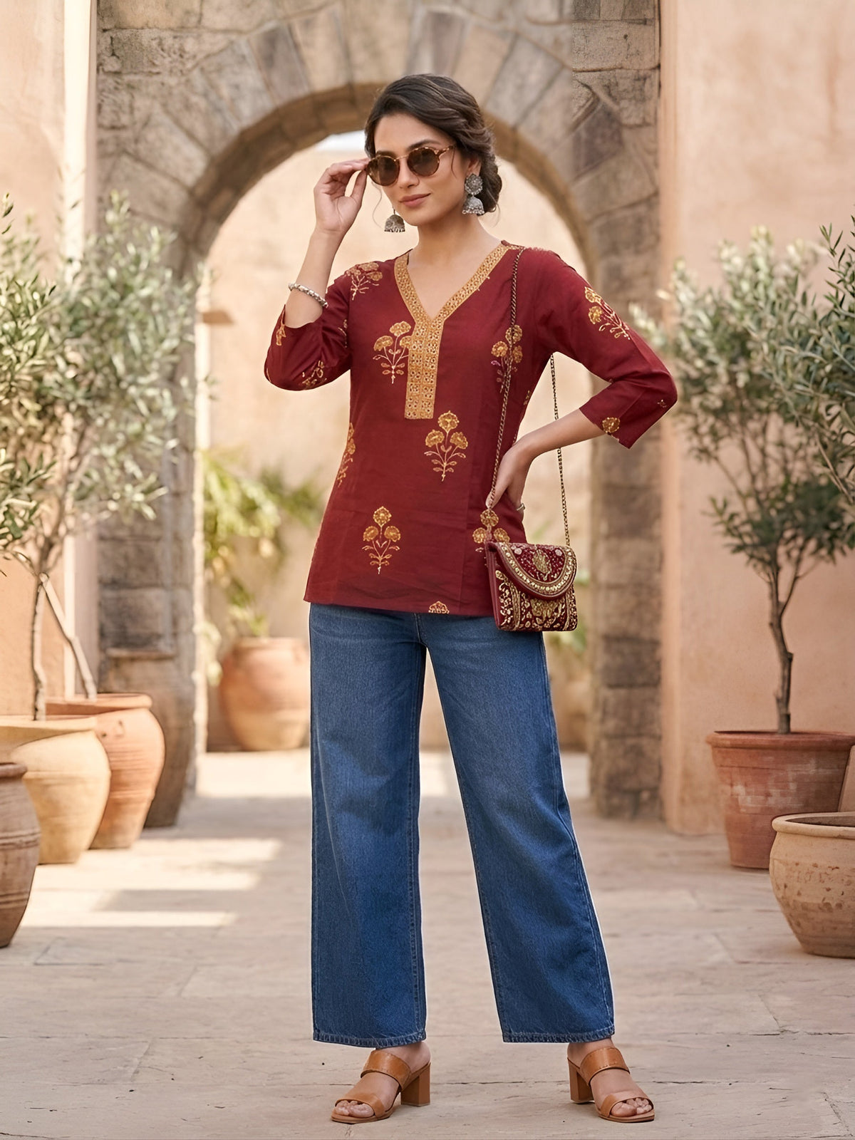 Women Maroon Printed Straight Tunic