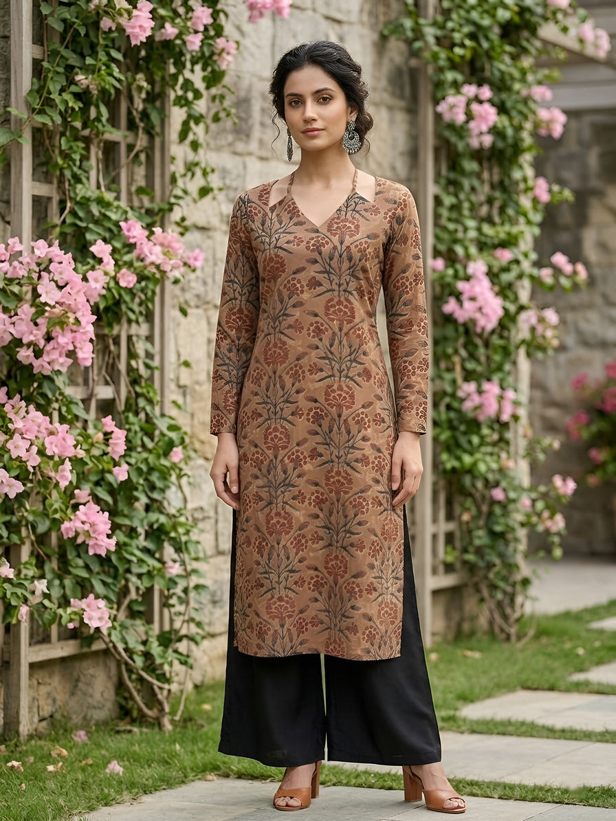 Brown Printed Straight Kurta with Three Quarter Sleeves