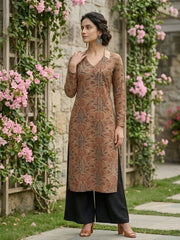 Brown Printed Straight Kurta with Three Quarter Sleeves