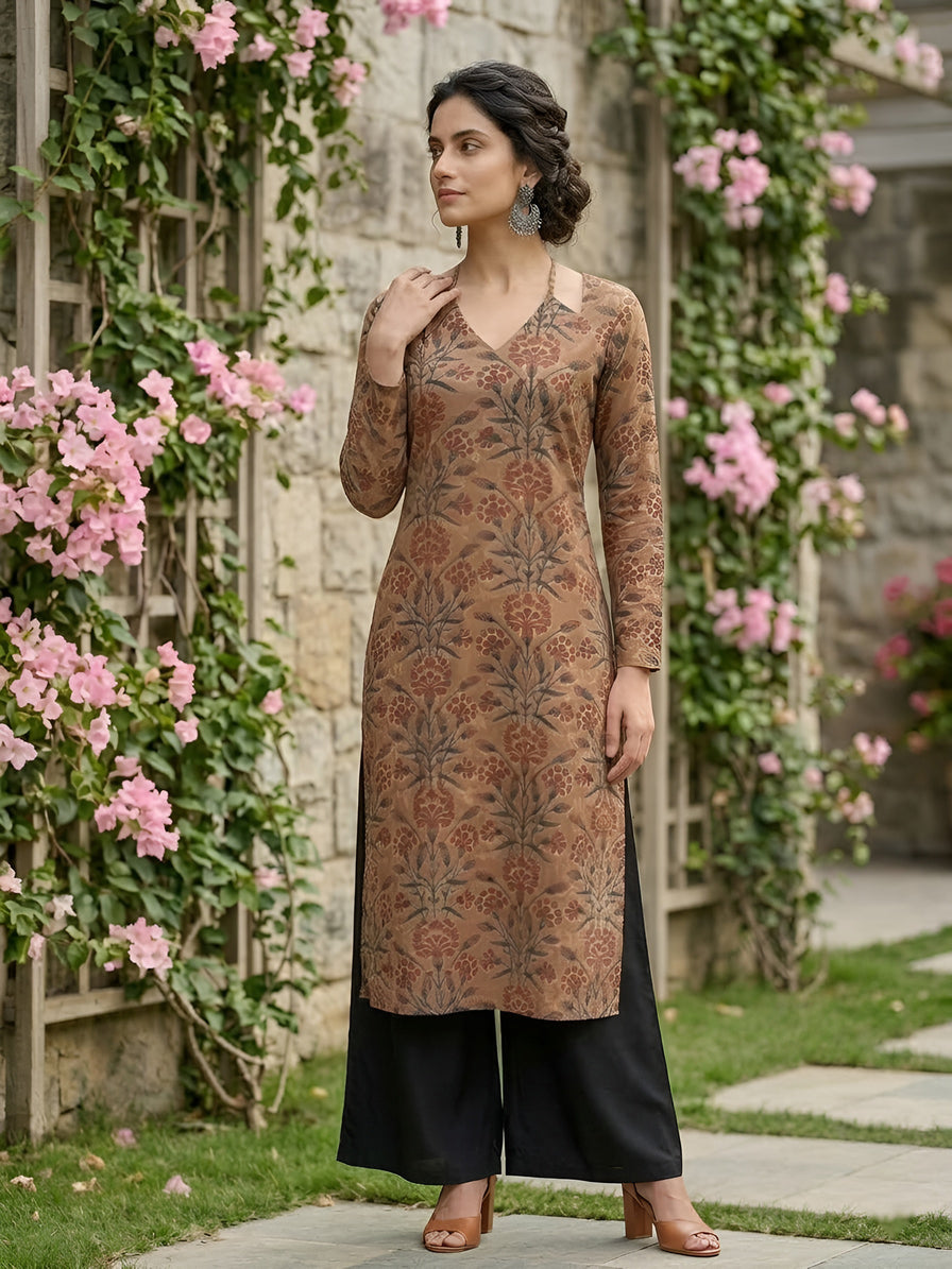 Brown Printed Straight Kurta with Three Quarter Sleeves