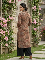 Brown Printed Straight Kurta with Three Quarter Sleeves