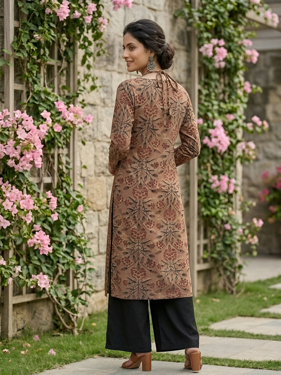 Brown Printed Straight Kurta with Three Quarter Sleeves