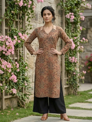 Brown Printed Straight Kurta with Three Quarter Sleeves