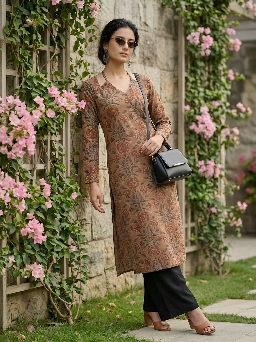 Brown Printed Straight Kurta with Three Quarter Sleeves