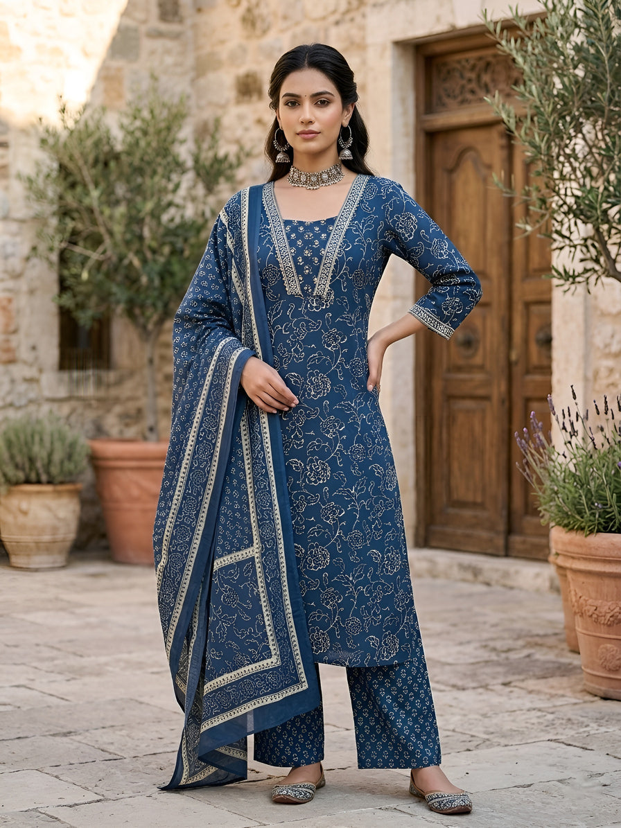 Navy Blue Printed Straight Kurta Set With Dupatta for Women