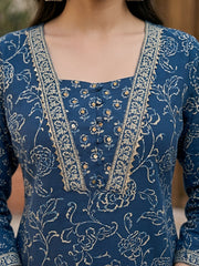 Navy Blue Printed Straight Kurta Set With Dupatta for Women