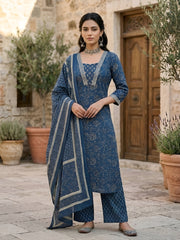 Navy Blue Printed Straight Kurta Set With Dupatta for Women