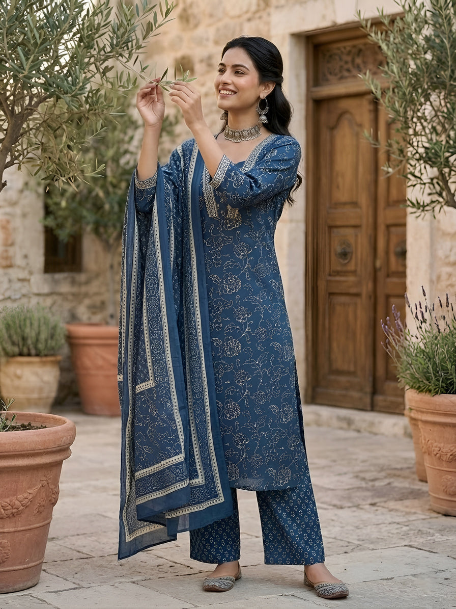 Navy Blue Printed Straight Kurta Set With Dupatta for Women