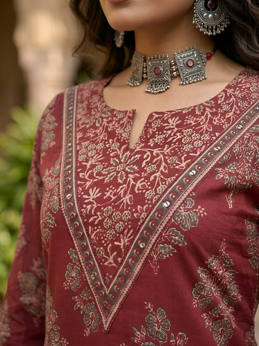 Maroon Printed Straight Kurta Set With Dupatta for Women