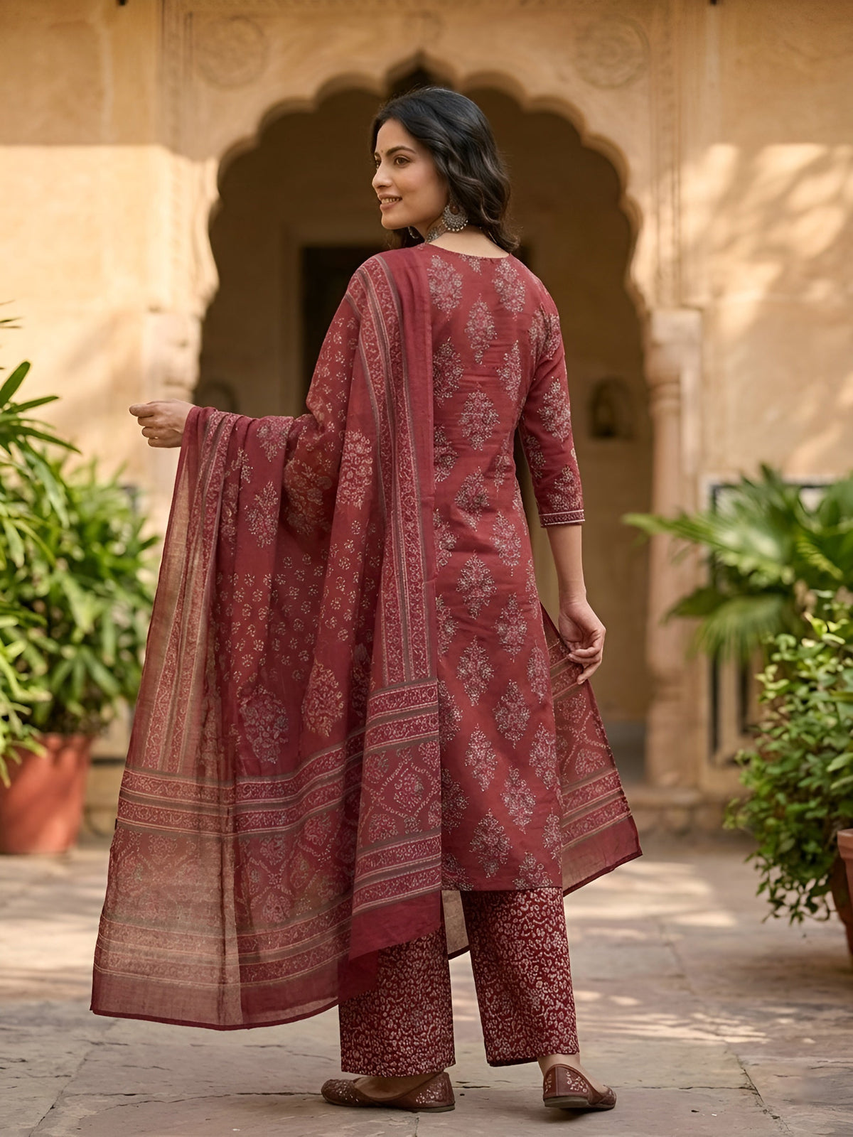 Maroon Printed Straight Kurta Set With Dupatta for Women