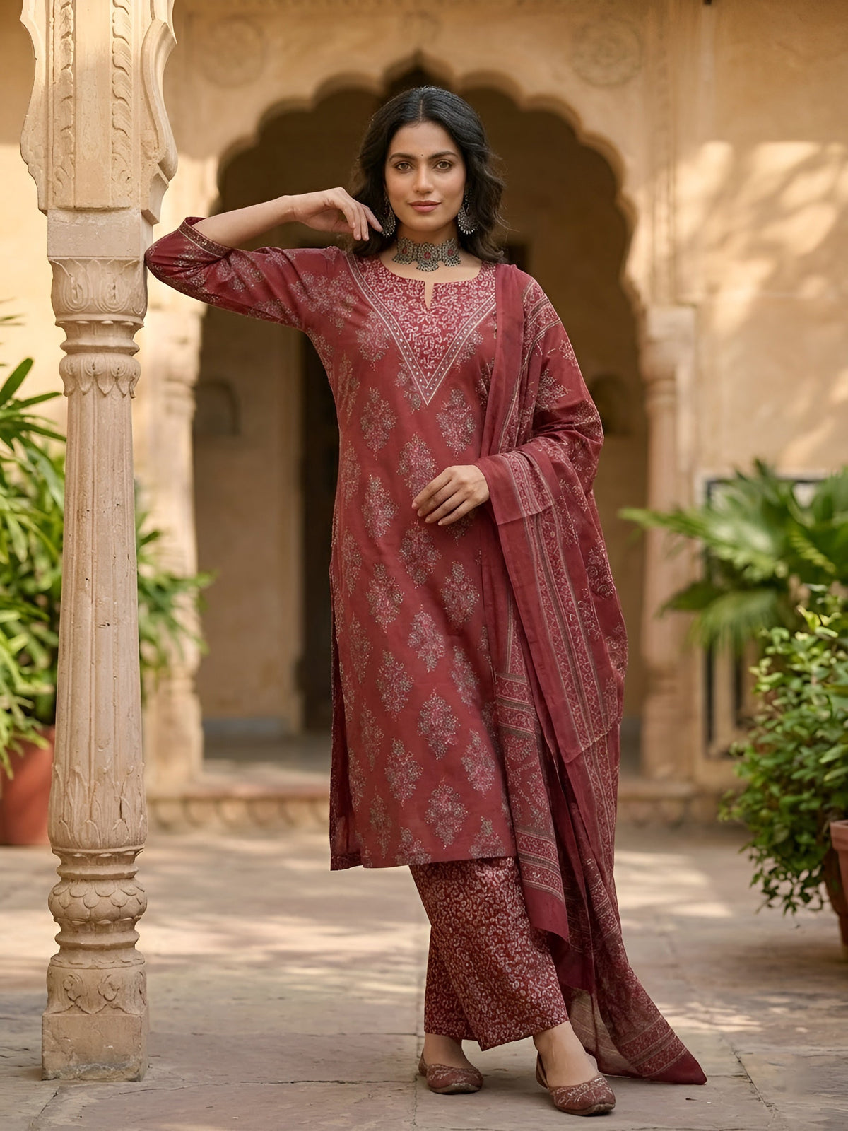 Maroon Printed Straight Kurta Set With Dupatta for Women