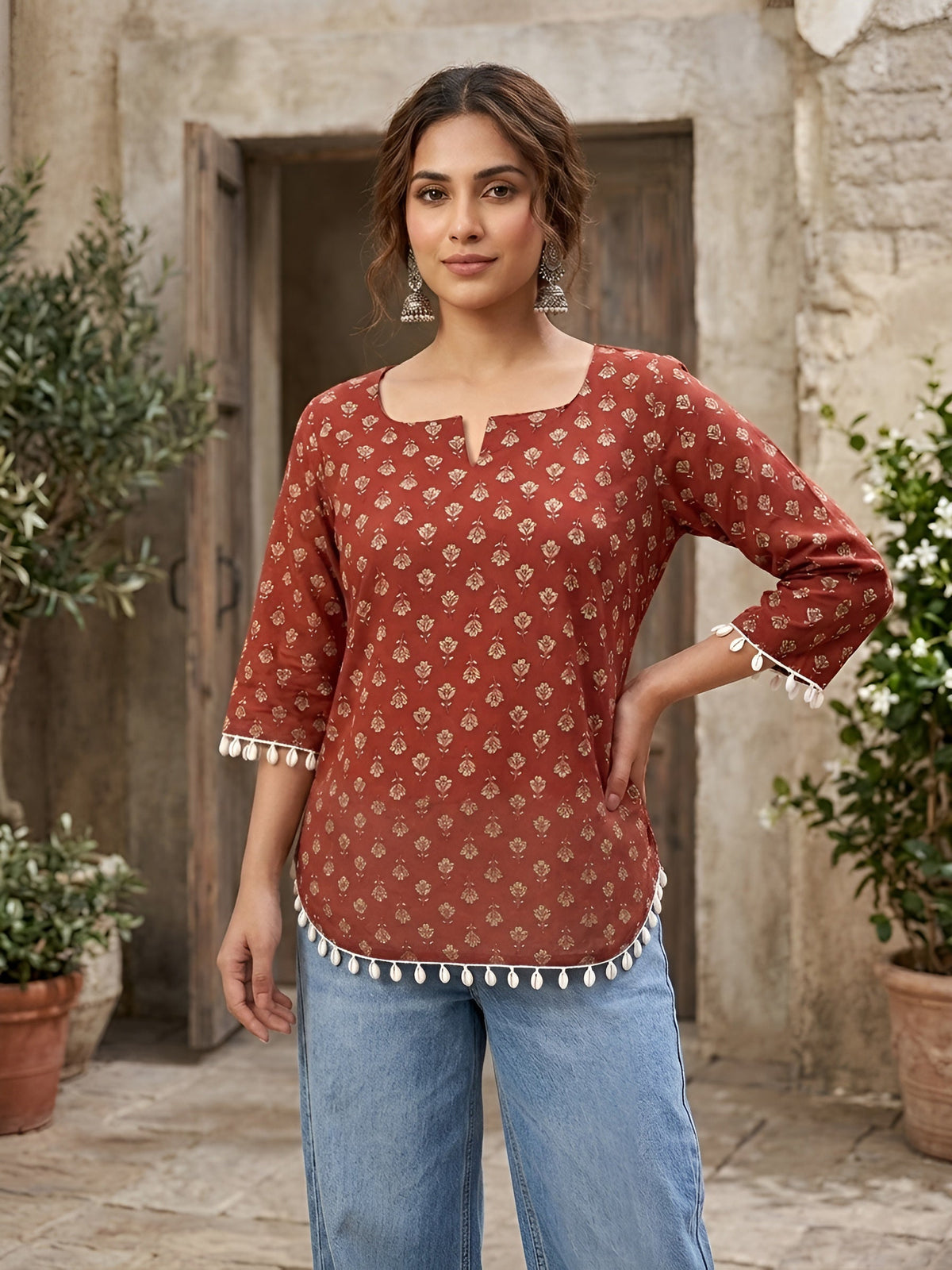 Women Maroon Printed Straight Tunic