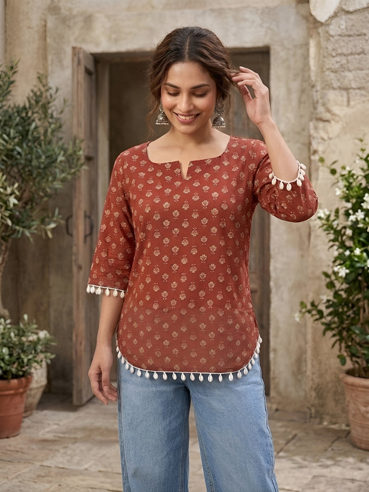Women Maroon Printed Straight Tunic