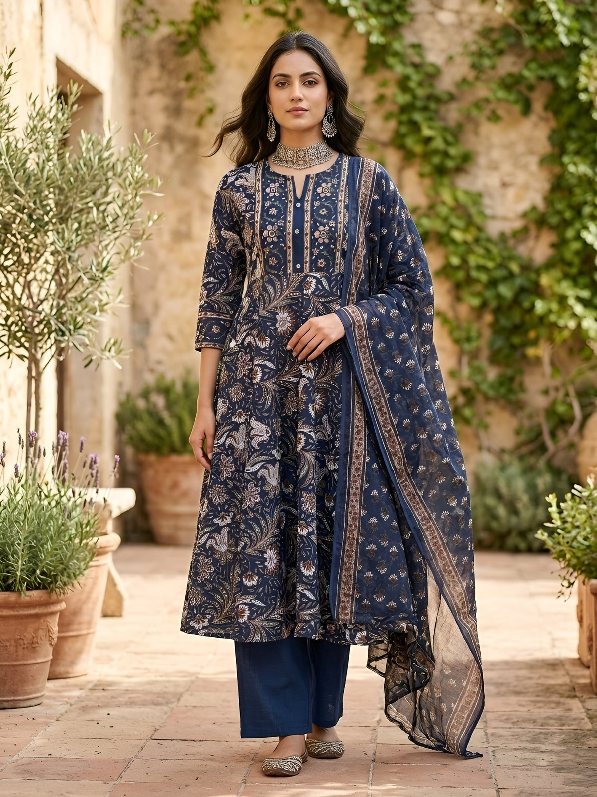Blue Printed Anarkali Kurta Set With Dupatta for Women