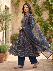 Blue Printed Anarkali Kurta Set With Dupatta for Women