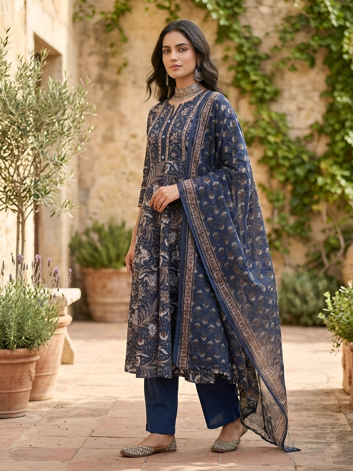Blue Printed Anarkali Kurta Set With Dupatta for Women
