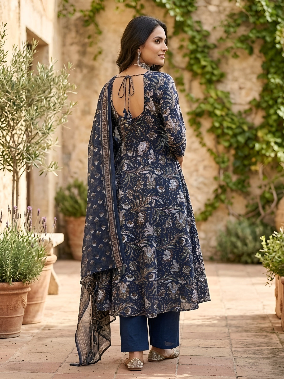 Blue Printed Anarkali Kurta Set With Dupatta for Women