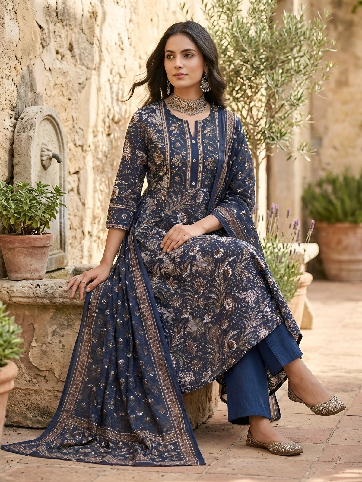 Blue Printed Anarkali Kurta Set With Dupatta for Women