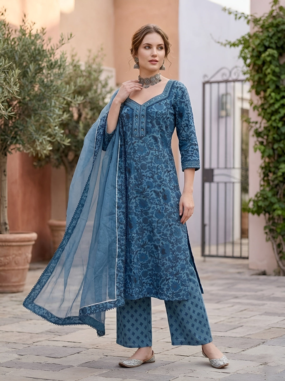 Blue Printed Straight Kurta Set With Dupatta for Women