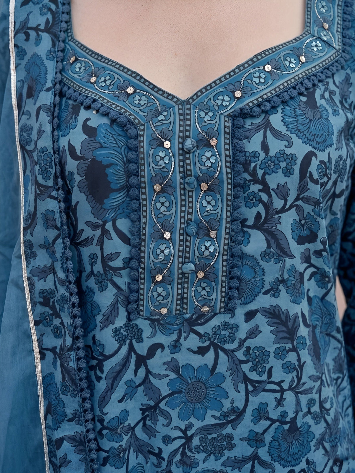 Blue Printed Straight Kurta Set With Dupatta for Women