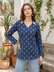 Women Blue Printed Straight Tunic With Tie-up Neck
