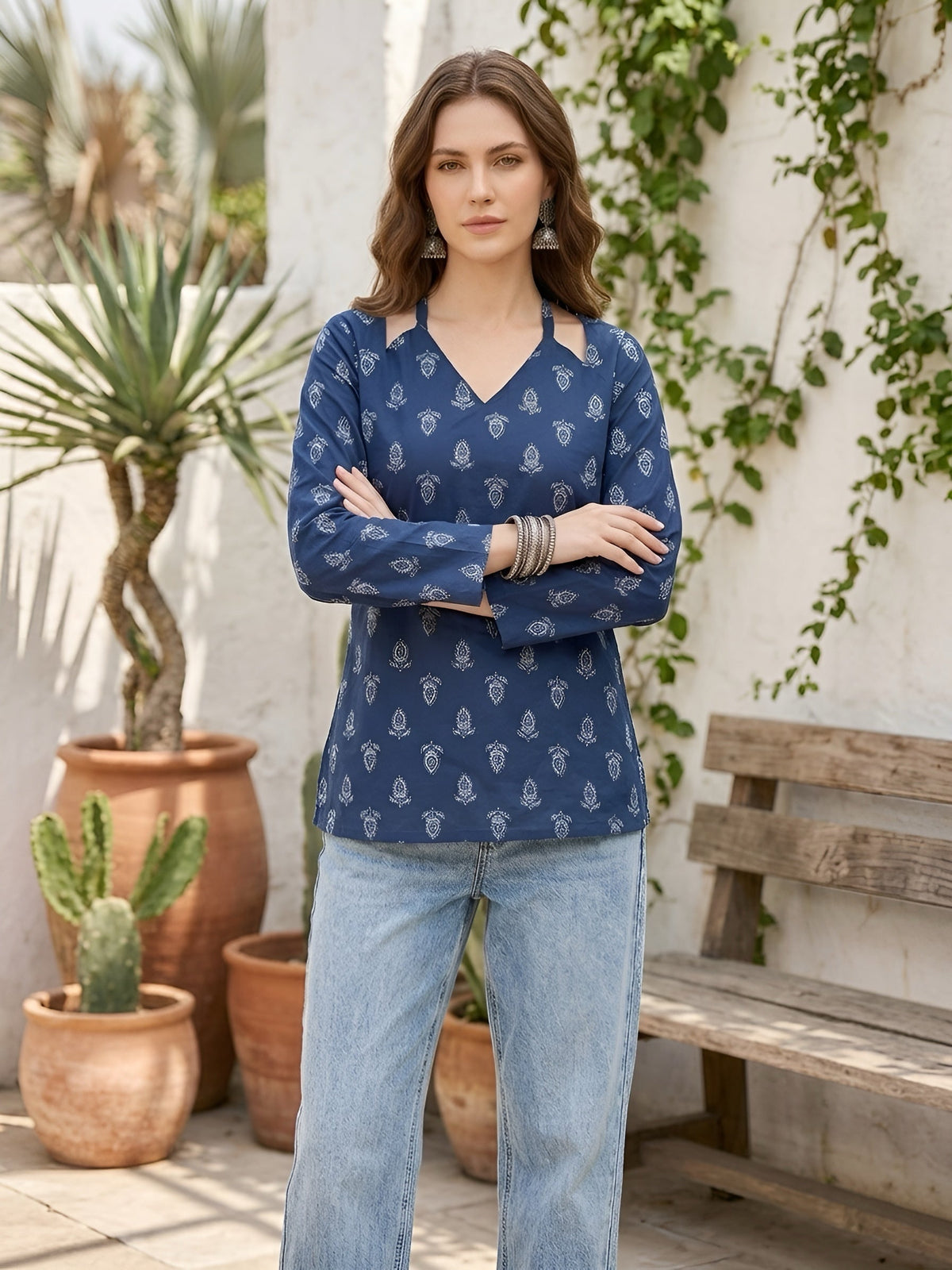 Women Blue Printed Straight Tunic With Tie-up Neck