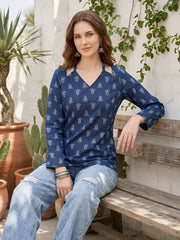 Women Blue Printed Straight Tunic With Tie-up Neck