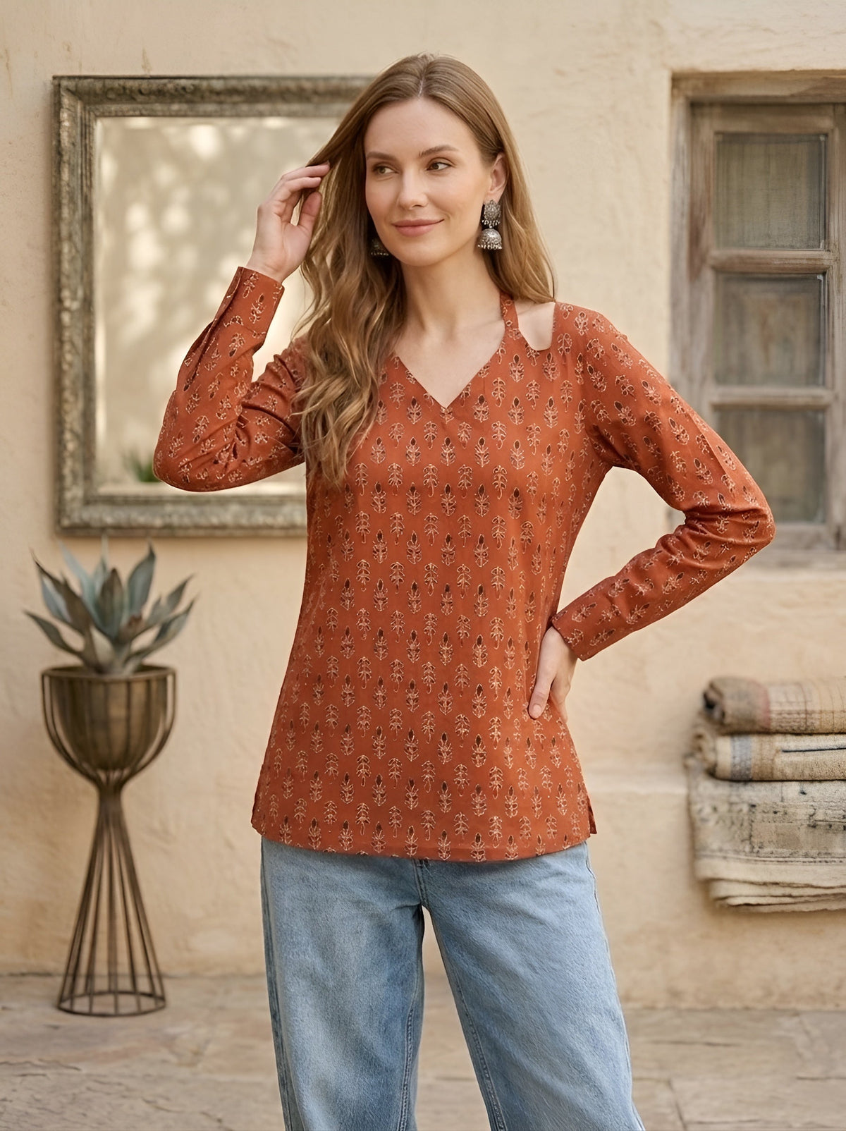 Women Rust Printed Straight Tunic With Tie-up Neck