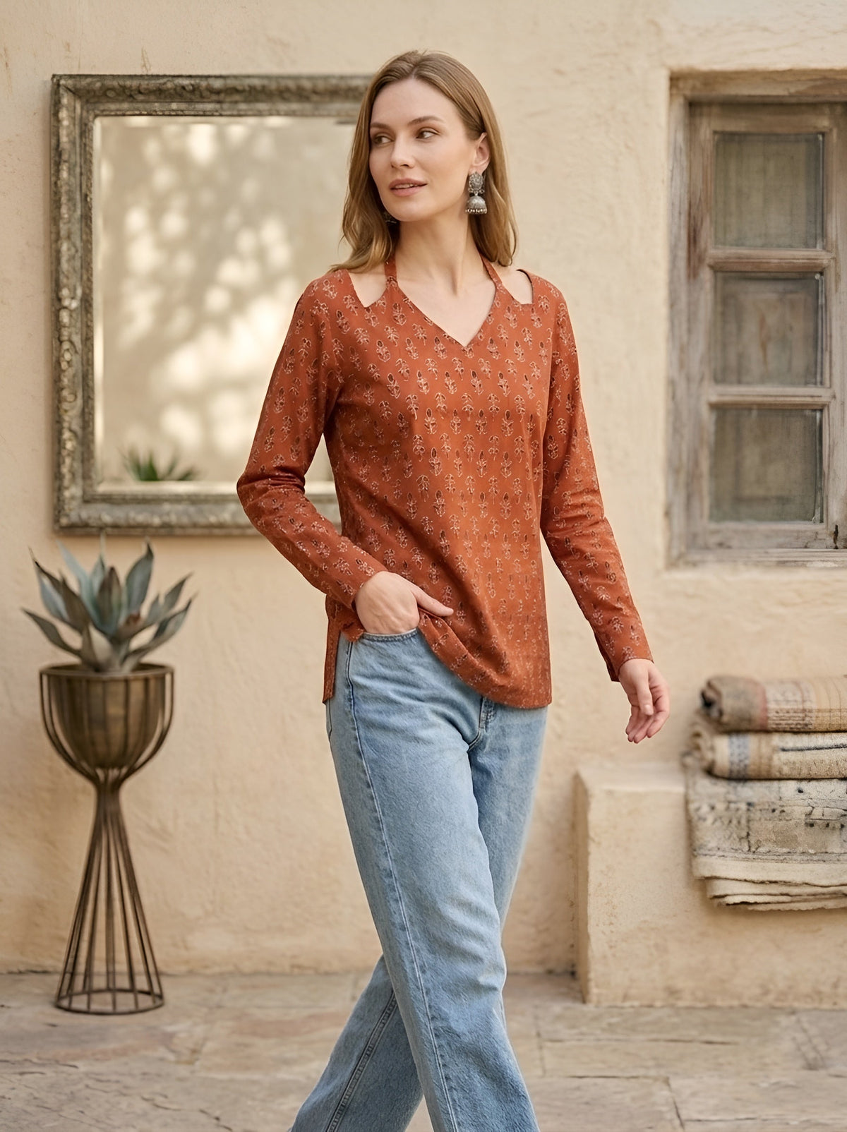 Women Rust Printed Straight Tunic With Tie-up Neck
