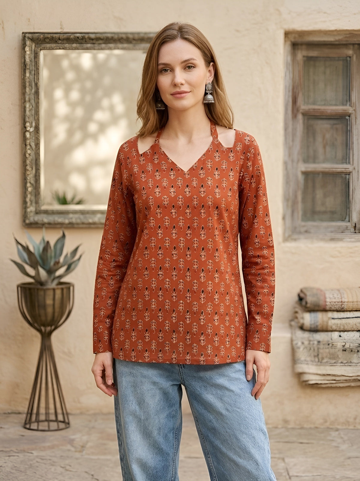 Women Rust Printed Straight Tunic With Tie-up Neck