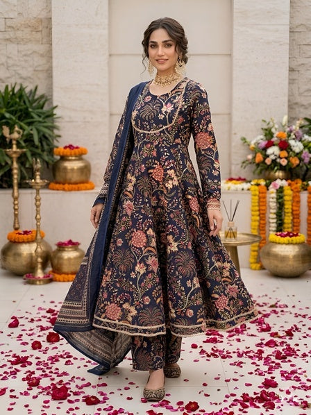 Navy Blue Printed Anarkali Kurta Set With Dupatta for Women