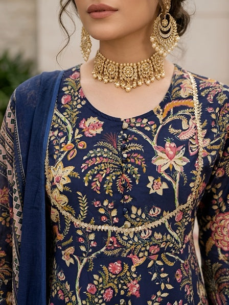 Navy Blue Printed Anarkali Kurta Set With Dupatta for Women