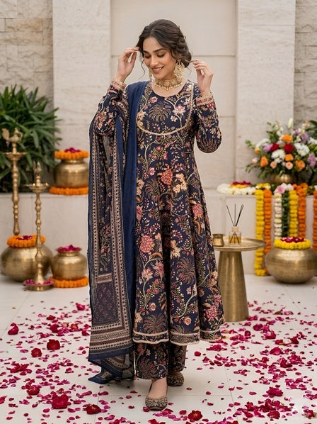 Navy Blue Printed Anarkali Kurta Set With Dupatta for Women