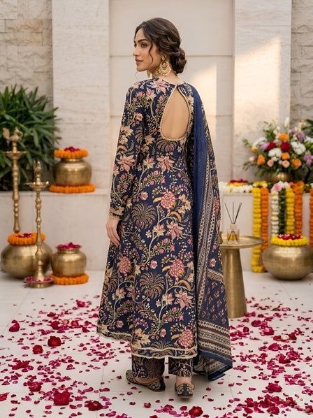Navy Blue Printed Anarkali Kurta Set With Dupatta for Women