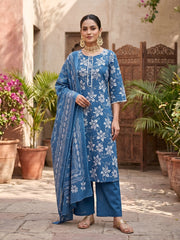 Blue Printed Straight Kurta Set With Dupatta for Women