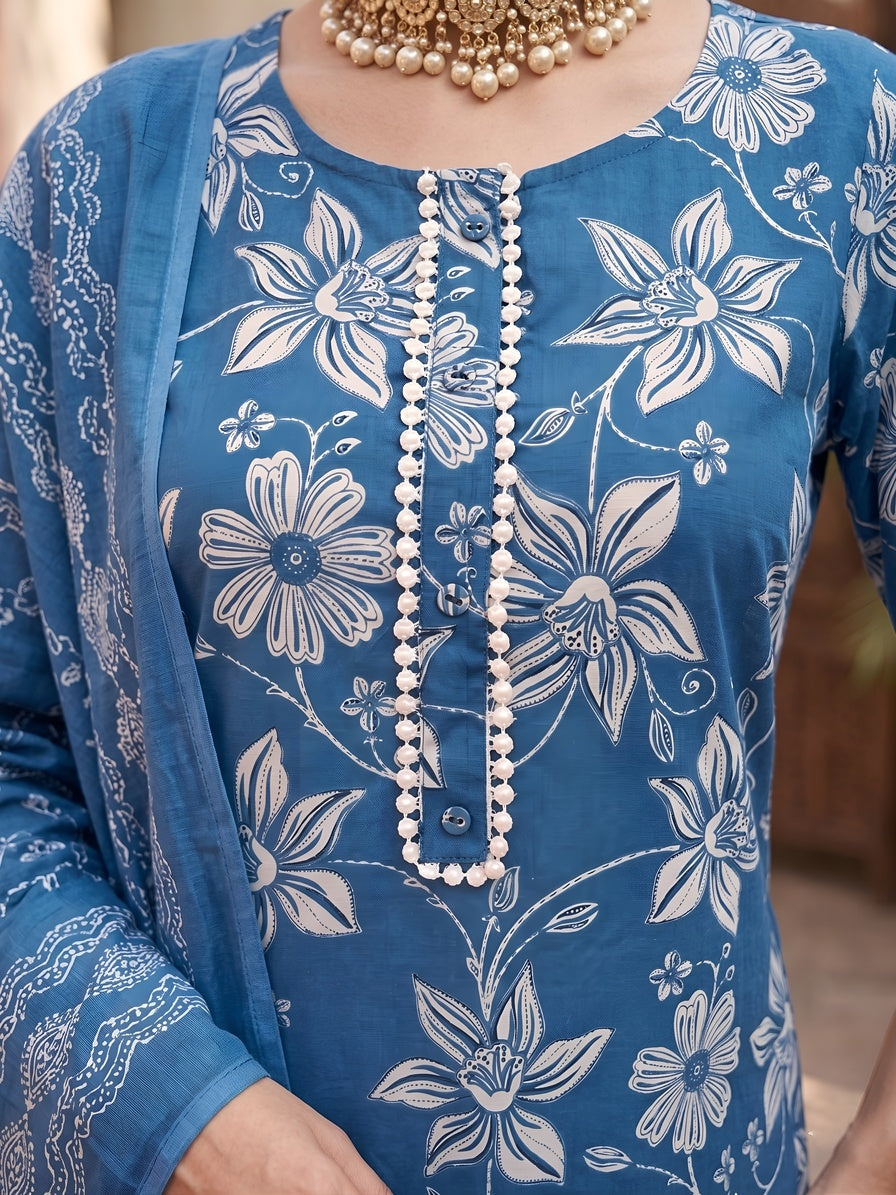 Blue Printed Straight Kurta Set With Dupatta for Women