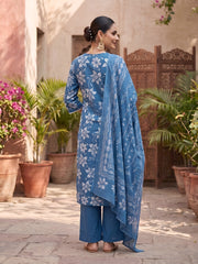 Blue Printed Straight Kurta Set With Dupatta for Women
