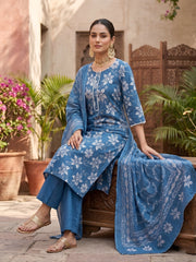 Blue Printed Straight Kurta Set With Dupatta for Women