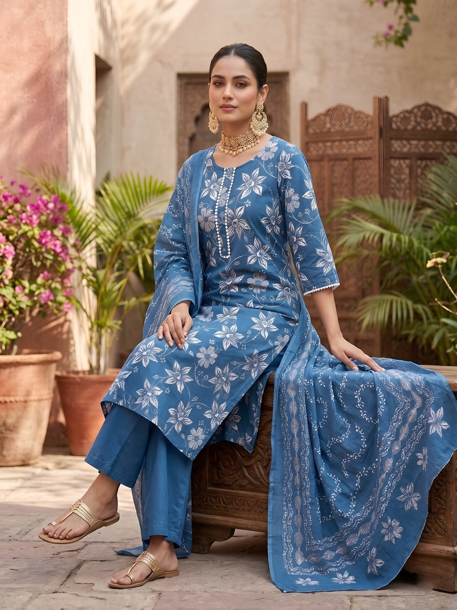 Blue Printed Straight Kurta Set With Dupatta for Women