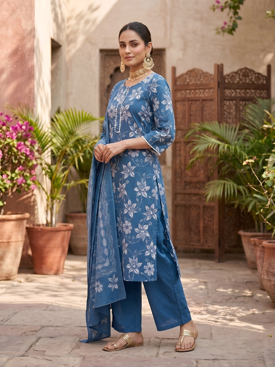 Blue Printed Straight Kurta Set With Dupatta for Women