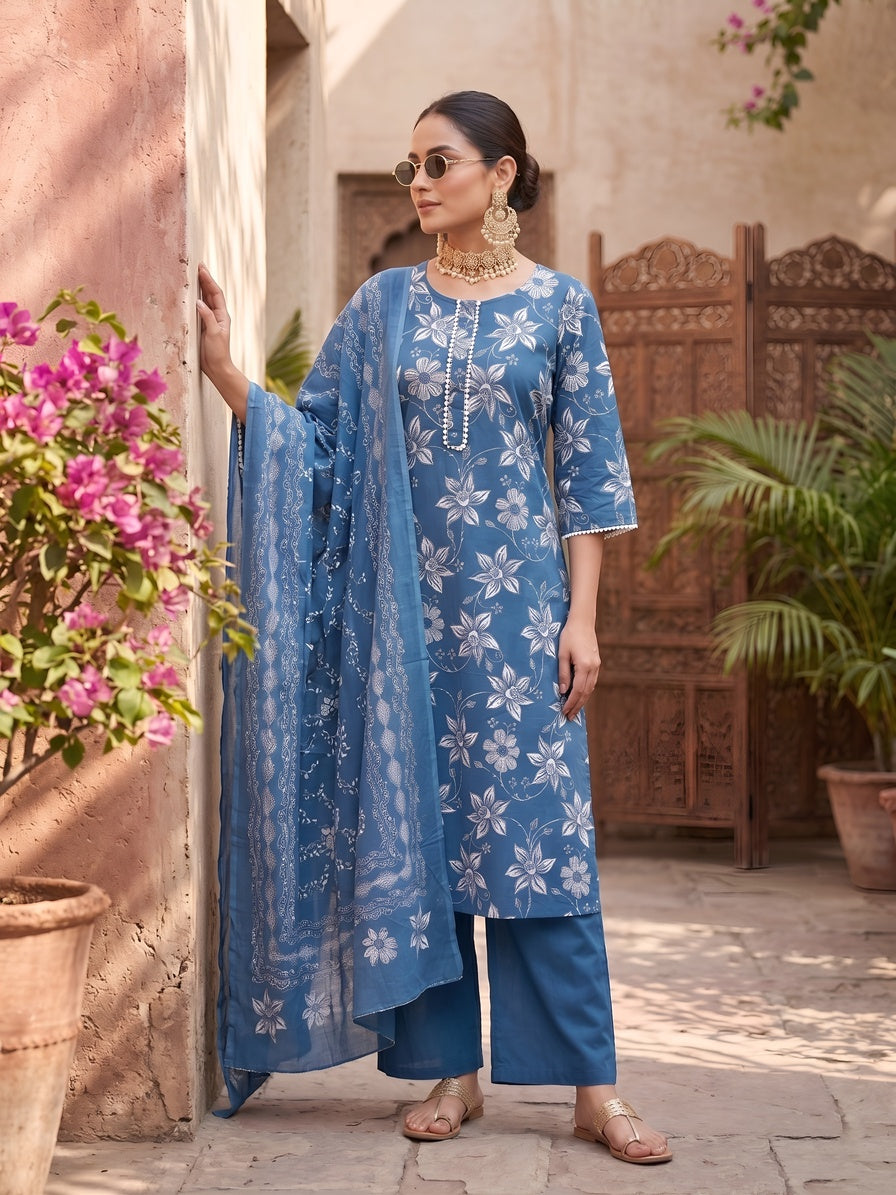 Blue Printed Straight Kurta Set With Dupatta for Women