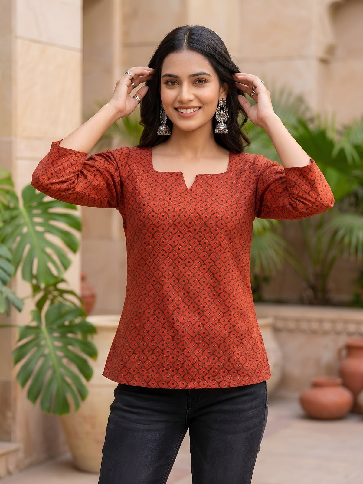 Red Ethnic Printed Straight Tunic For Women