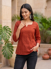 Red Ethnic Printed Straight Tunic For Women