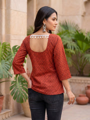 Red Ethnic Printed Straight Tunic For Women