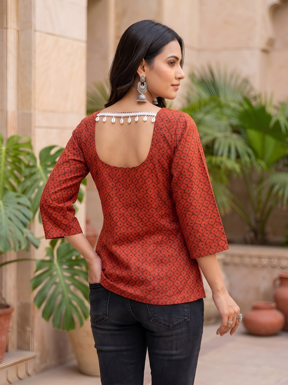 Red Ethnic Printed Straight Tunic For Women