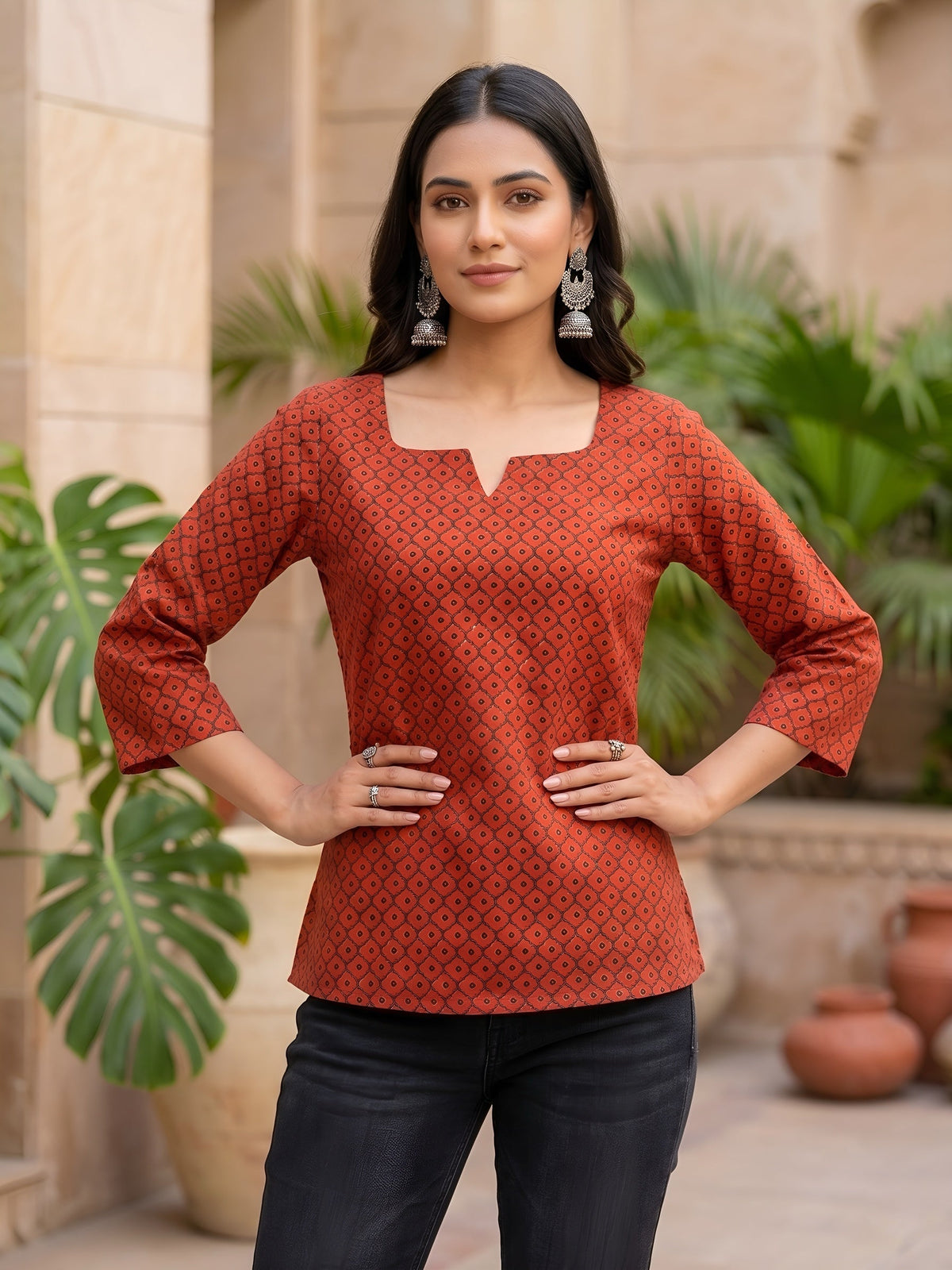 Red Ethnic Printed Straight Tunic For Women