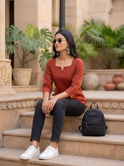Red Ethnic Printed Straight Tunic For Women