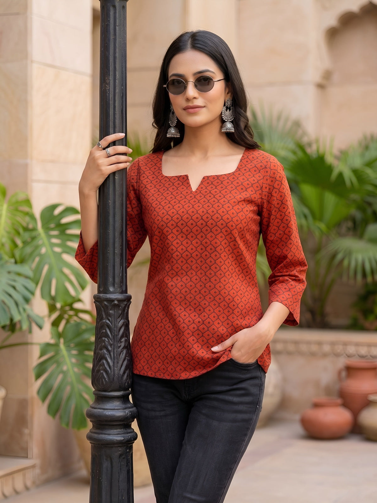 Red Ethnic Printed Straight Tunic For Women